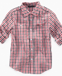 He'll be pumped about this plaid Sean John shirt and be prepared to step out in preppy style on any occasion. He'll be pumped about this plaid Sean John shirt and be prepared to step out in preppy style on any occasion.