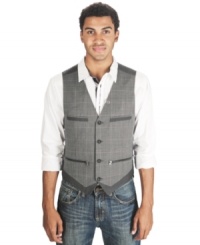 This pinstripe and plaid vest by Marc Ecko Cut & Sew upgrades your casual look to cool dapper style. This pinstripe and plaid vest by Marc Ecko Cut & Sew upgrades your casual look to cool dapper style.