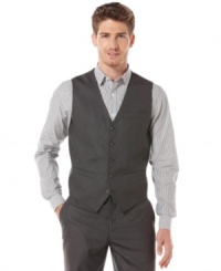 For a night out on the town, this vest by Perry Ellis worn with a button front shirt upgrades your ordinary blah style to a fun and modish style. For a night out on the town, this vest by Perry Ellis worn with a button front shirt upgrades your ordinary blah style to a fun and modish style.