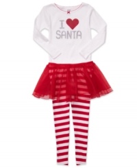 Good for goodness sake. The sweet style of this holiday top and leggings set – with attached skirt – gives her a look that's perfect for the season. Good for goodness sake. The sweet style of this holiday top and leggings set – with attached skirt – gives her a look that's perfect for the season.