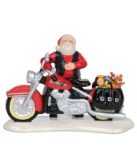 See a wilder side of Santa in this Department 56 figurine. Even with his nose so bright, Rudolph can't compete with St. Nick's new ride – a holiday-red Harley-Davidson. See a wilder side of Santa in this Department 56 figurine. Even with his nose so bright, Rudolph can't compete with St. Nick's new ride – a holiday-red Harley-Davidson.
