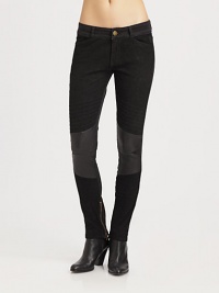 Modern seaming, leather patches and zippered cuffs add a futuristic feel to these soft, black-wash skinnies. THE FITRise, about 9½Inseam, about 29THE DETAILSZip flyFour-pocket styleZippered cuffsBody: 98% cotton/2% elastaneTrim: LeatherDry clean with leather specialistMade in USA of imported fabricModel shown is 5'10 (177cm) wearing US size 4. Modern seaming, leather patches and zippered cuffs add a futuristic feel to these soft, black-wash skinnies. THE FITRise, about 9½Inseam, about 29THE DETAILSZip flyFour-pocket styleZippered cuffsBody: 98% cotton/2% elastaneTrim: LeatherDry clean with leather specialistMade in USA of imported fabricModel shown is 5'10 (177cm) wearing US size 4.