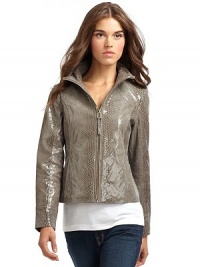 THE LOOKSnakeskin-embossed designStand collarFront zip closureLong sleeves Princess seams Side seam pocketsTHE FITAbout 22 from shoulder to hemTHE MATERIALLeatherFully linedCARE & ORIGINDry clean by leather specialistImportedModel shown is 5'11 (180cm) wearing US size Small. THE LOOKSnakeskin-embossed designStand collarFront zip closureLong sleeves Princess seams Side seam pocketsTHE FITAbout 22 from shoulder to hemTHE MATERIALLeatherFully linedCARE & ORIGINDry clean by leather specialistImportedModel shown is 5'11 (180cm) wearing US size Small.