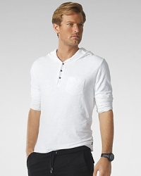 Designed for athletic endeavors and laidback lounging, this essential pullover defines casual luxury in soft Pima cotton with a cozy waffle-knit lining inside the hood. Designed for athletic endeavors and laidback lounging, this essential pullover defines casual luxury in soft Pima cotton with a cozy waffle-knit lining inside the hood.