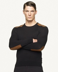 Supple leather patches grace the elbows and shoulders of a trim cotton-blend crewneck for a handsome, modern aesthetic. Supple leather patches grace the elbows and shoulders of a trim cotton-blend crewneck for a handsome, modern aesthetic.