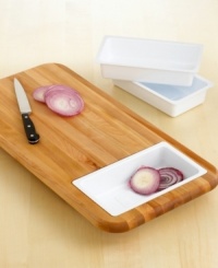 Cut and collect. This clever cutting board offers plenty of prep space and three removable plastic trays to hold your sliced and diced ingredients. One-year warranty. Cut and collect. This clever cutting board offers plenty of prep space and three removable plastic trays to hold your sliced and diced ingredients. One-year warranty.