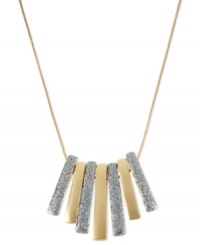 Raising the bar. Kenneth Cole New York aims for new heights of fashion with this frontal necklace. It's crafted from gold-tone mixed metal with hematite glitter overlay for a shimmering, stylish effect. Item comes packaged in a signature Kenneth Cole New York Gift Box. Approximate length: 16 inches + 3-inch extender. Approximate drop: 1-5/8 inches. Raising the bar. Kenneth Cole New York aims for new heights of fashion with this frontal necklace. It's crafted from gold-tone mixed metal with hematite glitter overlay for a shimmering, stylish effect. Item comes packaged in a signature Kenneth Cole New York Gift Box. Approximate length: 16 inches + 3-inch extender. Approximate drop: 1-5/8 inches.