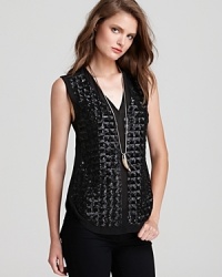 Flaunt modern edge in this futuristic Sachin + Babi top, embellished with sequins for statement shine. Flaunt modern edge in this futuristic Sachin + Babi top, embellished with sequins for statement shine.