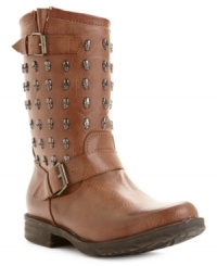 Bad to the bone. Rebel's Skully booties have skull stud detailing all around the vamp and an adjustable buckle strap that wraps at the ankle. Bad to the bone. Rebel's Skully booties have skull stud detailing all around the vamp and an adjustable buckle strap that wraps at the ankle.