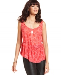 A floral-lace print fabric and ruffled details make this RACHEL Rachel Roy tank a femme pick! A floral-lace print fabric and ruffled details make this RACHEL Rachel Roy tank a femme pick!