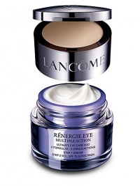 Eye care at its peak. Lancome introduces its ultimate eye care system, Renergie Eye Multiple Action, a unique combination of two treatments for six visible anti-aging actions:Eye lids are visibly lifted The appearance of fine lines and wrinkles is virtually erased The eye contour looks firmer Under eye bags are visibly defeated Dark circles appear faded The eye contour looks illuminatedThe eye area is visibly revitalized.