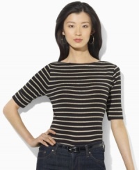 Crafted with a sleek boatneck and elbow-length sleeves, this striped shirt is essential both for layering and wear-alone style. Crafted with a sleek boatneck and elbow-length sleeves, this striped shirt is essential both for layering and wear-alone style.