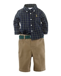 An ultra-preppy set includes a tartan plaid woven cotton shirt, a twill pant and a matching grosgrain-ribbon belt. An ultra-preppy set includes a tartan plaid woven cotton shirt, a twill pant and a matching grosgrain-ribbon belt.