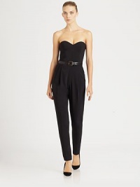 Sophisticated and chic, this strapless one-piece style is accented with a leather belt.Strapless sweetheart necklineIncluded beltFront pleatsConcealed back zipAbout 49 longWool/spandexDry cleanMade in Italy of imported fabricModel shown is 5'11 (180cm) wearing US size 4. Sophisticated and chic, this strapless one-piece style is accented with a leather belt.Strapless sweetheart necklineIncluded beltFront pleatsConcealed back zipAbout 49 longWool/spandexDry cleanMade in Italy of imported fabricModel shown is 5'11 (180cm) wearing US size 4.