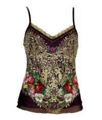 Michal Negrin Double Layered Camisole Crafted with Metallic Lace and Velvet Trim, Swarovski Crystals Accented Lace Applique and Victorian Roses Pattern - Size M Michal Negrin Double Layered Camisole Crafted with Metallic Lace and Velvet Trim, Swarovski Crystals Accented Lace Applique and Victorian Roses Pattern - Size M