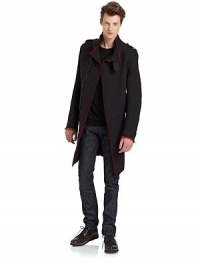 THE LOOKTailored in a scuba-like techno fabricationStand collar with tab and pin closureEpaulettesConcealed front zipperDual vertical zip pocketsRaw edge detailsLong sleeves with tab accents and zip cuffsCenter back ventInside welt pocketInside logo tagTHE FITAbout 39 from shoulder to hemTHE MATERIAL70% polyamide/29% acrylic/1% silkSecond fabric: 63% wool/37% cottonCupro liningCARE & ORIGINDry cleanMade in Italy THE LOOKTailored in a scuba-like techno fabricationStand collar with tab and pin closureEpaulettesConcealed front zipperDual vertical zip pocketsRaw edge detailsLong sleeves with tab accents and zip cuffsCenter back ventInside welt pocketInside logo tagTHE FITAbout 39 from shoulder to hemTHE MATERIAL70% polyamide/29% acrylic/1% silkSecond fabric: 63% wool/37% cottonCupro liningCARE & ORIGINDry cleanMade in Italy