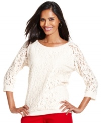 Sheer lace sleeve accentuate the ladylike overlay on Style&co.'s latest sweater. Sheer lace sleeve accentuate the ladylike overlay on Style&co.'s latest sweater.