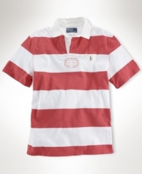 A short-sleeved rugby shirt is cut for a comfortable, classic fit from rustic utility cotton jersey with bold stripes for masculine polish. A short-sleeved rugby shirt is cut for a comfortable, classic fit from rustic utility cotton jersey with bold stripes for masculine polish.