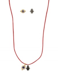 The eyes have it. This necklace and stud earrings set from RACHEL Rachel Roy is crafted from gold-tone and silver-tone mixed metal with glass stones making it quite the sight. Approximate necklace length: 15 inches. Approximate drop: 1/4 inch. Approximate diameter, earrings: 1/4 inch.