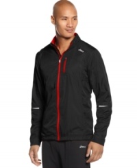 Full speed ahead. Stay focused on your run and not whether you can be seen with this innovative, wind-and-water resistant Asics light-up jacket with LED lights for safety. Full speed ahead. Stay focused on your run and not whether you can be seen with this innovative, wind-and-water resistant Asics light-up jacket with LED lights for safety.