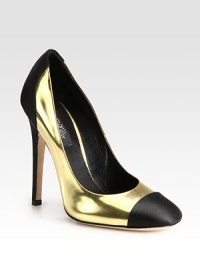 Divine metallic leather with contrasting satin trim and a toecap. Self-covered heel, 5 (125mm)Metallic leather and satin upperLeather lining and solePadded insoleMade in ItalyOUR FIT MODEL RECOMMENDS ordering one size up as this style runs small. Divine metallic leather with contrasting satin trim and a toecap. Self-covered heel, 5 (125mm)Metallic leather and satin upperLeather lining and solePadded insoleMade in ItalyOUR FIT MODEL RECOMMENDS ordering one size up as this style runs small.