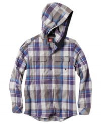 Bright accents on this woven hooded shirt from Quiksilver gives his outfit a modern zing. Bright accents on this woven hooded shirt from Quiksilver gives his outfit a modern zing.