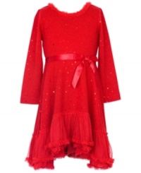 Welcome the holiday season this year with Rare Editions' sparkly knit dress, made complete with a sateen ribbon and girly ruffle detailing. Welcome the holiday season this year with Rare Editions' sparkly knit dress, made complete with a sateen ribbon and girly ruffle detailing.