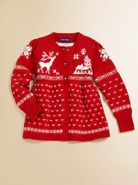 A charming crewneck cardigan in a soft blend of plush yarns captures the spirit of the season with a classic intarsia-knit reindeer design.CrewneckLong puffed sleevesButton-frontCottonHand washImported Please note: Number of buttons/snaps may vary depending on size ordered. 