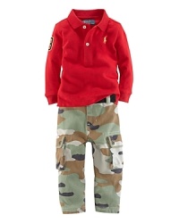 A rugged camo-print cargo pant is topped off with a preppy piqué cotton shirt for versatile, boyish style. A rugged camo-print cargo pant is topped off with a preppy piqué cotton shirt for versatile, boyish style.