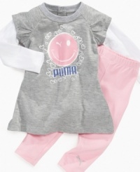 Keep her happy in this comfortable and cute faux-layered shirt and pant set from Puma. Keep her happy in this comfortable and cute faux-layered shirt and pant set from Puma.