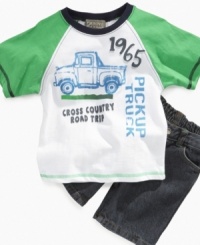Keep on trucking. Get him through the day in comfort with this graphic t-shirt and short set from Nannette. Keep on trucking. Get him through the day in comfort with this graphic t-shirt and short set from Nannette.