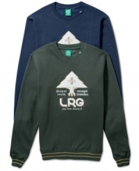 A crew neck classic with a bit of graphic appeal, this LRG number will add a sporty touch to your casual wardrobe. A crew neck classic with a bit of graphic appeal, this LRG number will add a sporty touch to your casual wardrobe.