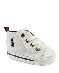 A perfectly preppy look from Ralph Lauren Childrenswear, this high-top sneaker is rendered in soft corduroy with contrast logo accents and a racing stripe along the side. A perfectly preppy look from Ralph Lauren Childrenswear, this high-top sneaker is rendered in soft corduroy with contrast logo accents and a racing stripe along the side.