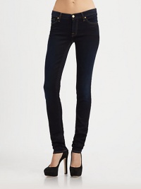 Beloved skinnies in a fearlessly dark wash with lots of stretch and signature contrast stitching. THE FITRise, about 7Inseam, about 34THE DETAILSOff-center zipper80% cotton/18% polyester/2% spandexMachine washMade in USAModel shown is 5'10 (177cm) wearing US size 4. Beloved skinnies in a fearlessly dark wash with lots of stretch and signature contrast stitching. THE FITRise, about 7Inseam, about 34THE DETAILSOff-center zipper80% cotton/18% polyester/2% spandexMachine washMade in USAModel shown is 5'10 (177cm) wearing US size 4.