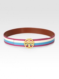 This multicolored, striped design in leather backed coated canvas features a goldtone logo buckle. Width, about 2Made in USA This multicolored, striped design in leather backed coated canvas features a goldtone logo buckle. Width, about 2Made in USA