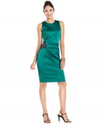 The deep jewel-tone hue of Xscape's satin dress combines with a brilliant beaded embellishment at the hip for this gorgeous cocktail look. The deep jewel-tone hue of Xscape's satin dress combines with a brilliant beaded embellishment at the hip for this gorgeous cocktail look.