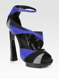 Elevated by an architectural heel and island platform, this suede sandal has a unique, colorblocked design and an adjustable ankle strap. Lacquered heel, 5½ (140mm)Island platform, ½ (15mm)Compares to a 5 heel (125mm)Suede upperLeather lining and solePadded insoleMade in ItalyOUR FIT MODEL RECOMMENDS ordering one size up as this style runs small. Elevated by an architectural heel and island platform, this suede sandal has a unique, colorblocked design and an adjustable ankle strap. Lacquered heel, 5½ (140mm)Island platform, ½ (15mm)Compares to a 5 heel (125mm)Suede upperLeather lining and solePadded insoleMade in ItalyOUR FIT MODEL RECOMMENDS ordering one size up as this style runs small.