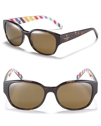 Small rounded sunglasses with a classic exterior and fun colorful striped interior! By kate spade new york. Small rounded sunglasses with a classic exterior and fun colorful striped interior! By kate spade new york.
