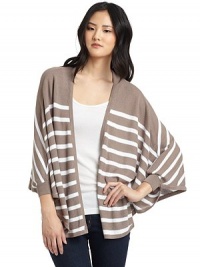 THE LOOKStriped designOpen frontThree-quarter length ribbed cuff dolman sleevesRibbed hemTHE FITAbout 29 from shoulder to hemTHE MATERIAL60% rayon/40% cottonCARE & ORIGINHand washImportedModel shown is 5'10 (177cm) wearing US size Small. THE LOOKStriped designOpen frontThree-quarter length ribbed cuff dolman sleevesRibbed hemTHE FITAbout 29 from shoulder to hemTHE MATERIAL60% rayon/40% cottonCARE & ORIGINHand washImportedModel shown is 5'10 (177cm) wearing US size Small.