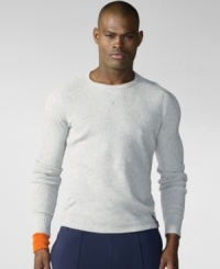 A classic crewneck is rendered in soft textured cotton with ribbed cuffs and a V inset at the neck for an active, wear-anywhere staple. A classic crewneck is rendered in soft textured cotton with ribbed cuffs and a V inset at the neck for an active, wear-anywhere staple.