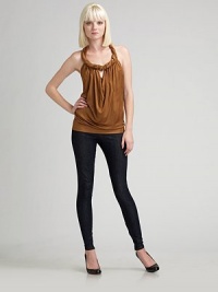 Figure-hugging stretch denim in an easy, pull-on style embellished with inner ankle zippers. Elastic waist Rise, about 8½ Inseam, about 31 Cotton/elastene; machine wash Made in USA Figure-hugging stretch denim in an easy, pull-on style embellished with inner ankle zippers. Elastic waist Rise, about 8½ Inseam, about 31 Cotton/elastene; machine wash Made in USA