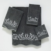 Luxurious sheared velour towel is embellished with a beautiful embroidered scroll motif. Finished with scalloped edge trimmed in coordinating silver. Luxurious sheared velour towel is embellished with a beautiful embroidered scroll motif. Finished with scalloped edge trimmed in coordinating silver.