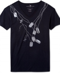 All of the bling, none of the weight. This Marc Ecko Cut & Sew tee is dressed up in tag graphics for a rocking style. All of the bling, none of the weight. This Marc Ecko Cut & Sew tee is dressed up in tag graphics for a rocking style.