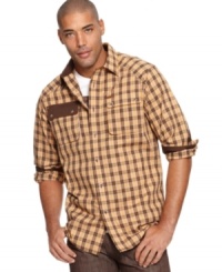 This Rocawear button down has a cool retro meets rugged style. This Rocawear button down has a cool retro meets rugged style.