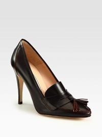 Tassels, contrast stitching and a substantial heel enliven this Italian leather loafer. Stacked heel, 4 (100mm)Leather upperLeather lining and solePadded insoleMade in ItalyOUR FIT MODEL RECOMMENDS ordering one half size up as this style runs small. Tassels, contrast stitching and a substantial heel enliven this Italian leather loafer. Stacked heel, 4 (100mm)Leather upperLeather lining and solePadded insoleMade in ItalyOUR FIT MODEL RECOMMENDS ordering one half size up as this style runs small.