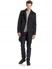 THE LOOKSpread collar with button tabHook-and-eye closure at throatEpaulettesSingle gun flapConcealed mock double-breasted button frontLong sleeves with belted cuffsDual besom pocketsRemovable belt with buckle and back button tabBack storm flapCenter back ventZip-out quilted liningInside welt pocketTHE FITAbout 37 from shoulder to hemTHE MATERIALShell: 65% polyester/35% cottonFill: viscose rayonLining: cuproCARE & THE LOOKSpread collar with button tabHook-and-eye closure at throatEpaulettesSingle gun flapConcealed mock double-breasted button frontLong sleeves with belted cuffsDual besom pocketsRemovable belt with buckle and back button tabBack storm flapCenter back ventZip-out quilted liningInside welt pocketTHE FITAbout 37 from shoulder to hemTHE MATERIALShell: 65% polyester/35% cottonFill: viscose rayonLining: cuproCARE &