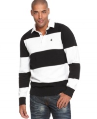 Preppy meets street style in this cool Rocawear striped rugby sweater. Preppy meets street style in this cool Rocawear striped rugby sweater.