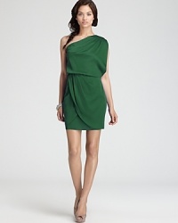 A one-shoulder Aqua dress goes low-key in a slouchy, batwing silhouette for laid-back chic. A one-shoulder Aqua dress goes low-key in a slouchy, batwing silhouette for laid-back chic.