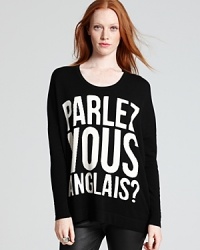 It won't matter what language you speak when you show off your fashion fluency in a sassy graphic Torn by Ronny Kobo sweater, constructed in a cozy knit. It won't matter what language you speak when you show off your fashion fluency in a sassy graphic Torn by Ronny Kobo sweater, constructed in a cozy knit.