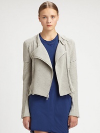 An unexpected approach to the classic biker jacket, this knit design of cotton and cashmere has a ribbed silhouette, silk finish and contrasting zippers. Neck snap closuresAsymmetrical front zipperIntricate seamingZipper detailsAbout 22 from shoulder to hemBody: 85% cotton/15% cashmereTrim: SilkDry cleanImportedModel shown is 5'10 (177cm) wearing US size Small. An unexpected approach to the classic biker jacket, this knit design of cotton and cashmere has a ribbed silhouette, silk finish and contrasting zippers. Neck snap closuresAsymmetrical front zipperIntricate seamingZipper detailsAbout 22 from shoulder to hemBody: 85% cotton/15% cashmereTrim: SilkDry cleanImportedModel shown is 5'10 (177cm) wearing US size Small.